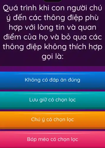 Quá trình khi con người chú
ý đến các thông điệp phù
hợp với lòng tin và quan
điểm của ho và bỏ qua các
thông điệp không thích hợp
gọi là:
Không có đáp án đúng
LƯu giữ có chọn lọc
Chú ú có chon loc
Bóp méo có chọn lọc