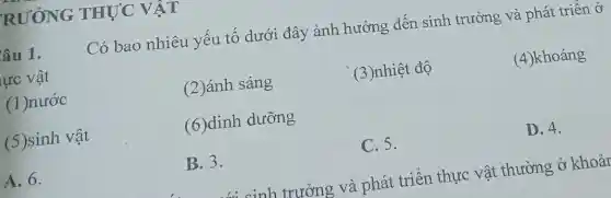 RU'YNG THỰC VẬT
âu 1.
Có bao nhiêu yếu tố dưới đây ảnh hưởng đến sinh trưởng và phát triển ở
lực vật
(4)khoáng
(1)nước
(2)ánh sáng
(3)nhiệt độ
(5)sinh vật
(6)dinh dưỡng
A. 6.
B.3.
C. 5.
D. 4.
... cinh trưởng và phát triển thực vật thường ở khoár