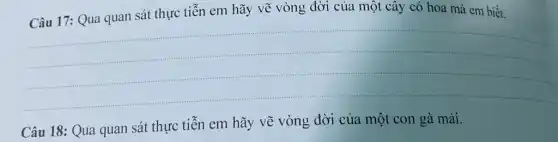 thực tiễn em hãy vẽ vòng đời của một cây có hoa mà em biết.
__
Câu 18: Qua quan sát thực tiễn em hãy vẽ vòng đời của một con gà mái.