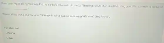 Theo đinh nghĩa trong Vǎn kiện Đại hội đại biểu toàn quốc lần thứ XI, "Tư tuồng Hồ Ch(Minh là một hệ thống quan điểm toàn diện và sấu sắc về
__ .
Từ còn thiếu trong chỗ trống là: "Những vấn đê cơ bản của cách mạng Việt Nam"đúng hay sain
Hily chon một:
Đúng
Sai