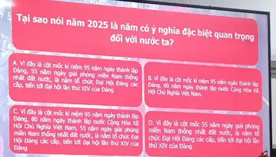 Tại sao nói nǎm 2025 là nǎm có ý nghĩa đặc biệt quan trọng
đối với nước ta?
A. VI day là cột mốc ki niệm 95 nǎm ngày thành lập
Đáng, 55 nǎm ngày giải phóng miền Nam thong
nhất đất nước, là nǎm tố chức Đại Hỏi Đảng các
cấp, tiến tới đại hội lần thứ XIV của Đáng
B. Vi day la cột mốc kì niệm 95 nằm ngày thành lập
Đảng, 80 nǎm ngày thành lập nước Cộng Hoa xi
Hội Chủ Nghĩa Việt Nam.
C. Vi đây là cọt mốc kì niệm 95 nǎm ngày thành lập
Đảng, 80 nǎm ngày thành lập nước Cộng Hoa X6
Hội Chủ Nghĩa Việt Nam, 55 nǎm ngày giải phòng
miền Nam thống nhất đất nước, là nǎm tố chức Đại
Hội Đảng các cấp.biến tới đại hộ lần thứ XIV của
Đảng
D. Vi đáy là cột moc 55 nǎm ngày giải phóng
miền Nam thống nhất đất nước, là nǎm tố
chức Đại Hội Đảng các cấp, tiến tới đại hội làn
thứ XIV của Đảng