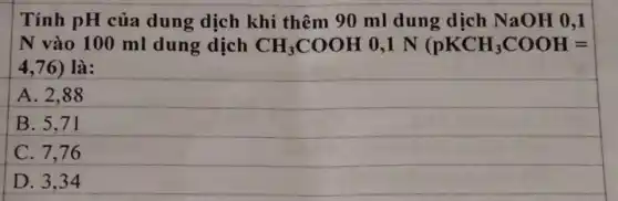 Tính pH của dung dịch khi thêm 90 ml dung dịch NaOH 0,1
N vào 100 ml dung dịch CH_(3)COOH 0,1 N (pKCH_(3)COOH=
4,76) là:
A. 2,88
B. 5.71
C. 7,76
D. 3,34