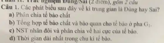 Trác nghiện Đúng/Sai (2 điểm), gồm 2 câu
Câu 1. Các phát biểu sau đây về kì trung gian là Đúng hay Sai?
a) Phân chia tế bào chất
b) Tồng hợp tế bào chất và bào quan cho tế bào ở pha G_(1)
c) NST nhân đôi và phân chia về hai cực của tế bào.
d) Thời gian dài nhất trong chu kì tế bào.