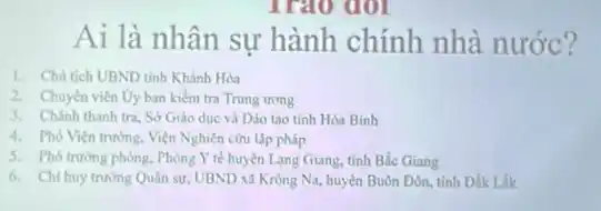 Trào dol
Ai là nhân sự hành chính nhà nước?
1. Chu tich UBND tinh Khánh Hòa
2. Chuyên viên Dy ban kiểm tra Trung trong
3. Chánh thanh tra Sở Giáo dục và Dào tạo tinh Hòa Binh
4. Phó Viện trường.Viện Nghiên cứu lập pháp
5. Phô trường phòng. Phòng Y tế huyện Lang Giang, tỉnh Bắc Giang
6. Chi huy trurong Quân sư, UBND x1 Krồng Na, huyện Buôn Đôn, tinh Đắk Lắk