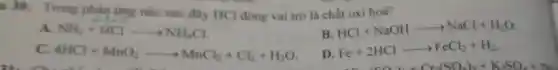 u 30: Trong phản ứng nào sau đây HCl đóng vai trò là chất oxi hoá?
A. NH_(3)+HClarrow NH_(4)Cl
B. HCl+NaOHarrow NaCl+H_(2)O
C 4HCl+MnO_(2)arrow MnCl_(2)+Cl_(2)+H_(2)O
D. Fe+2HClarrow FeCl_(2)+H_(2)