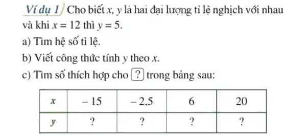 Ví du 1 Cho biết x, y là hai đại lượng tỉ lệ nghịch với nha và khi x=12 thì y=5 .
a) Tìm hệ số tỉ lệ.
b) Viết công thức tính y theo x .
c) Tìm số thích hợp cho? trong bảng sau:

 x & -15 & -2,5 & 6 & 20 
 y & ? & ? & ? & ?