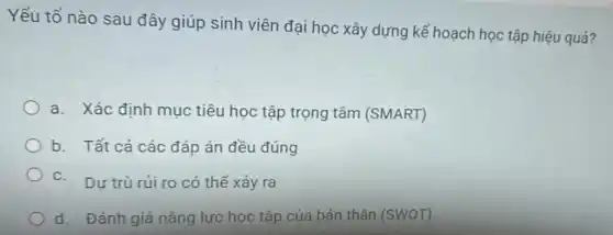 Yếu tố nào sau đây giúp sinh viên đại học xây dựng kế hoạch học tập hiệu quả?
a. Xác định mục tiêu học tập trọng tâm (SMART)
b. Tất cả các đáp án đều đúng
C. Dư trù rủi ro có thể xảy ra
d. Đánh giá nǎng lực học tập của bản thân (SWOT)