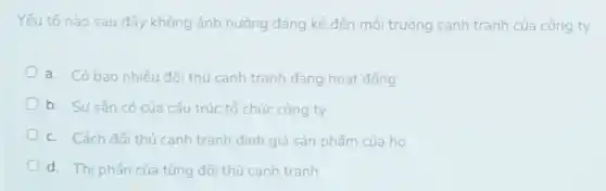 Yếu tố nào sau đây không ảnh hưởng đáng kế đến môi trường cạnh tranh của công ty
a. Có bao nhiêu đối thủ canh tranh đang hoạt động
D b. Susan có của cấu trúc tố chức công ty
c. Cách đối thủ cạnh tranh định giá sản phẩm của ho
d. Thi phần của từng đối thủ canh tranh