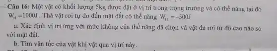 2Câu 16:Một vật có khối lượ ng 5k g được đǎt ở vị trí trong trọng trường và có thế nǎng tại đó
W_(t1)=1000J . Thả vật rơi tự do đế a mặt đất có th ế nǎng W_(t2)=-500J
a. Xác : định vị trí ứng với mức không của thế nǎng đã cl non và vâ t đã rơi i từ độ ca nào so
với mặt đất.
b.Ti m vệ in tốc của vật khi i vật qu a vị trí này.