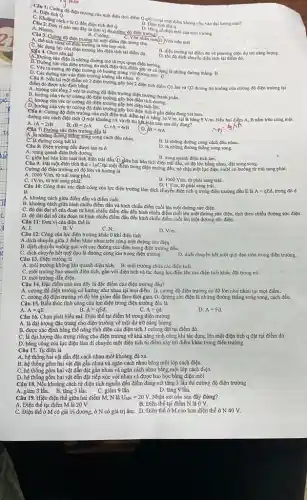 A
C. Dite Cường độ điện trường của một điện tích điểm Q gây tạ tại một điểm không phụ vào đại lường nào?
số điện môi của moi trurong.
A. the tich vung có điện trường là lớn hay nhó.
Chọn câu sai
B. diện trường tại điểm đó về phương diện dự trữ nǎng lượng.
độ dịch chuyên điện tích tại điểm đó.
B. Diện tich thira.
Câu 2: Đơn vị nào sau đây là đơn vị đo cường độ điện trường? A. Niuton.
B. Culông
Cường độ điện trường tại một điểm đặc trưng cho
C. Véc tơ cường độ điện trường có hướng trùng với đường sứC.
o
sức của điện trường do một điện tích điểm gây ra có dạng là những đường thẳng. Đ
D. Các đường sức của điện trường không cắt nhau. 0)
Ciu 6: Cường độ điện trường của một điện tích điểm tại A bằng
tại B bằng 9V/m. Nếu hai điểm A, B nằm trên cùng một
A. rA=2rB B. rB=2rA
BB=4rA	N_(B)=5KA
đường sức cách điện tích Q một khoảng rA và rB thì kết luận nào sau đây đúng?
rA=4rB
điểm đó được xác định bằng điểm đó được xác định bằng? điện trường gây bởi 2 điện tích điểm Q1 âm và Q2 đương thì hướng của cường độ điện trường tại
A. hướng của tổng 2 véc tơ cường độ điện trường điện trường thành phần.
B. hướng của véc tơ cường độ điện trường gây bởi điện tích dương.
D. hướng của véc tơ cường độ điện trường gây bởi điện tích âm.
của véc tơ cường độ điện trường gây bởi điện tích ở gần điểm đang xét hơn.
36V/m,
Câu 8: Điện trường đều được tạo ra ở
A. xung quanh điện tích dương.
C. giữa hai bản kim loại tích điện trái dấu Q.giữa hai bản tích điện trái dầu.có độ lớn bằng nhau, đặt song song.
Câu 7: Đường sức điện trường đều là
đường thẳng song song cách đều nhau.
C. là đường cong bất kì.
B. là những đường cong cách đều nhau.
D. là những đường thẳng song song.
B. xung quanh điện tích âm.
Câu 9: Đặt một điện tích thgrave (u)-1mu C
tại một điểm trong điện trường đều, nó chịu một lực điện 1mN có hướng từ trái sang phải.
Cường độ điện trường có độ lớn và hướng là
A. 1000 V/m, từ trái sang phải.
C. 1V/m, từ trái sang phải.
Câu 10: Công thức xác định công của lực điện trường làm dịch chuyển điện tích q trong điện trường đều E là A-qEd, trong đó d
D. 1 V/m, từ phải sang trái.
là
A. khoảng cách giữa điểm đầu và điểm cuối.
B. khoảng cách giữa hình chiếu điểm đầu và hình chiếu điểm cuối lên một đường sức điện.
C. độ dài đại số của đoạn từ hình chiếu điểm đầu đến hình chiếu điểm cuối lên một đường sức điện, tính theo chiều đường sức điện.
D. độ dài đại số của đoạn từ hình chiếu điểm đầu đến hình chiếu điểm cuối lên một đường sức điện.
Câu 11: Đơn vị của điện thế là
A. J.	B.V
C. N.
D. V/m.
Câu 12: Công của lực điện trường khác 0 khi điện tích
A.dịch chuyển giữa 2 điểm khác nhau trên cùng một đường sức điện.
B. dịch chuyển vuông góc với các đường sức điện trong điện trường đều.
C. dịch chuyển hết quỹ đạo là đường cong kín trong điện trường. D. dịch chuyển hết một quỹ đạo tròn trong điện trường.
Câu 13. Điện trường là
A. môi trường không khí quanh điện tích. B. môi trường chứa các điện tich.
C. môi trường bao quanh điện tích, gắn với điện tích và tác dụng lực điện lên các điện tích khác đặt trong nó.
D. môi trường dẫn điện.
Câu 14. Đặc điểm nào sau đây là đặc điểm của điện trường đều?
A. cường độ điện trường có hướng như nhau tại mọi điểm.B. cường độ điện trường có độ lớn như nhau tại mọi điểm.
C. cường độ điện trường có độ lớn giảm dần theo thời gian. D. đường sức điện là những đường thẳng song song, cách đều.
Câu 15. Biểu thức tính công của lực điện trong điện trường đều là
B. A=qEd.	C. A=qd.
A. A=qE.
D. A=Fd.
Câu 16. Chọn phát biểu sai. Điện thế tại điểm M trong điện trường
A. là đại lượng đặc trưng cho điện trường về mặt dự trữ nǎng lượng.
B. được xác định bằng thế nǎng tĩnh điện của điện tích 1 culong đặt tại điểm đó.
C. là đại lượng đặc trưng riêng cho điện trường về khả nǎng sinh công khi tác dụng lên một điện tích q đặt tại điểm đó.
D. bằng công của lực điện làm di chuyển một điện tích từ điểm này tới điểm khác trong điện trường.
Câu 17. Tụ điện là
A. hệ thống hai vật dẫn đặt cách nhau một khoảng đủ xa.
B. hệ thống gồm hai vật đặt gần nhau và ngǎn cách nhau bằng một lớp cách điện.
C. hệ thống gồm hai vật dẫn đặt gần nhau và ngǎn cách nhau bằng một lớp cách điện.
D. hệ thống gồm hai vật dẫn đặt tiếp xúc với nhau và được bao bọc bǎng điện môi.
Câu 18. Nếu khoảng cách từ điện tích nguồn đến điểm đang xét tǎng 3 lần thì cường độ điện trường
A. giảm 3 lần. B. tǎng 3 lần . C. giǎm 9 lần.	D. tǎng 9 lần.
Câu 19. Hiệu điện thế giữa hai điểm M, N là U_(MN)=20V. Nhận xét nào sau đây đúng?
A. Điện thế tại điểm M là 20 V.
B. Điện thế tại điểm N là OV.
C. Điện thế ở M có giá trị dương, ở N có giá trị âm. D. Điện thế ở M cao hơn điện thế ở N 40 V.