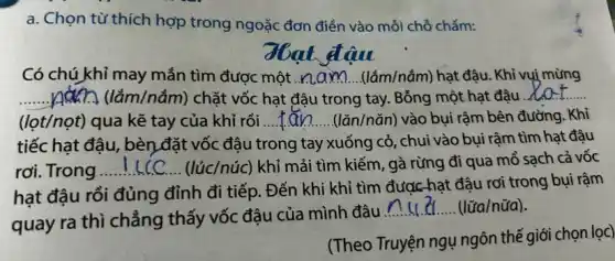 a. Chọn từ thích hợp trong ngoặc đơn điền vào mỗi chỗ chấm:
Có chú khỉ may mắn tìm được một __ (lắm/nắm) hạt đậu . Khỉ vui mừng
__ (lắm/nắm) chặt vốc hạt đậu trong tay . Bỗng một hạt đậu . __
(lọt/nọt) qua kẽ tay của khỉ rồi __ (lǎn/nǎn) vào bụi rậm bên đường. Khỉ
tiếc hạt đậu, bèn đặt vốc đậu trong tay xuống cỏ, chui vào bụi rậm tìm hạt đậu
rơi. Trong __ (lúc/núc) khỉ mải tìm kiếm, gà rừng đi qua mổ sạch cả vốc
hạt đậu rồi đủng đỉnh đi tiếp. Đến khi khỉ tìm được hạt đậu rơi trong bụi rậm
quay ra thì chẳng thấy vốc đậu của mình đâu
__ (lữa/nữa)
(Theo Truyện ngụ ngôn thế giới chọn lọc)