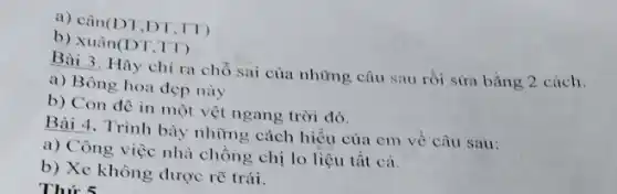 a) cân(DT,ĐT,TT )
b) xuân(DT.TT)
Bài 3. Hãy chỉ ra chỗ sai của những câu sau rồi sửa bằng 2 cách.
a) Bông hoa đẹp này
b) Con đê in một vệt ngang trời đó.
Bài 4. Trình bày những cách hiểu của em về câu sau:
a) Công việc nhà chồng chị lo liệu tất cả.
b) Xe không được rẽ trái.