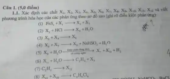 Câu 1. (5,0 điểm)
1.1. Xác định các chất X_(1),X_(2),X_(3),X_(4),X_(5),X_(6),X_(7),X_(8),X_(9),X_(10),X_(11),X_(12) và viết
phương trình hóa học của các phản ứng theo sơ đồ sau (ghi rõ điều kiện phản ứng):
(1) FeS_(2)+X_(1)arrow X_(2)+X_(3)
(2) X_(2)+HClarrow X_(4)+H_(2)O
(3) X_(3)+X_(5)arrow X_(6)
(4) X_(6)+X_(7)arrow X_(8)+NaHSO_(3)+H_(2)O
(5) X_(9)+H_(2)Oxrightarrow (ob jika phan dang diab)X_(7)+X_(10)+H_(2)
(6) X_(11)+H_(2)Oarrow C_(2)H_(2)+X_(5)
(7) C_(2)H_(2)arrow X_(12)
(8) X_(12)+X_(10)arrow C_(6)H_(6)Cl_(6)