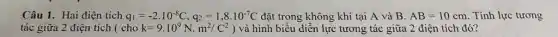 Câu 1. Hai điện tích q_(1)=-2.10^-8C,q_(2)=1,8cdot 10^-7C đặt trong không khí tại A và B. AB=10cm . Tính lực tương
tác giữa 2 điện tích ( cho k=9.10^9N.m^2/C^2 ) và hình biểu diễn lực tương tác giữa 2 điện tích đó?