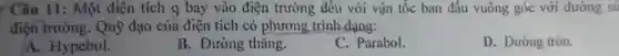 Câu 11:Một điện tích q bay vào điện trường đều với vận tốc ban đầu vuông góc với đường sú
điện trường.Quỹ đạo của điện tích có phương trình dang:
A. Hypebol.
B. Đường thẳng.
C. Parabol.
D. Đường tròn.