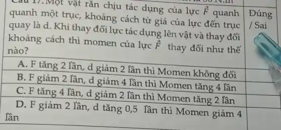 Câu 17.Một vật rǎn chịu tác dụng của lực overrightarrow (F) quanh
quanh một trục , khoảng cách từ giá của lực đến trục
quay là d. Khi thay đổi lực tác dụng lên vật và thay đổi
khoảng cách thì momen của lực overrightarrow (F) thay đổi như thế nào?
A. F tǎng 2 lần, d giảm 2 lần thì Momen không đổi
B. E giảm 2 lần, d giảm 4 lần thì Momen tǎng 4 lần
square 
C. F tǎng 4 lần, d giảm 2 lần thì Momen tǎng 2 lần
square 
D. F giảm 2 lần, d tǎng 0,5 lần thì Momen giảm 4
square 
lần