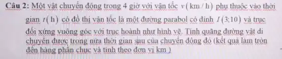 Câu 2: Một vật chuyển động trong 4 giờ với vận tốc v(km/h) phụ thuộc vào thời
gian t(h) có đồ thị vận tốc là một đường parabol có đỉnh I(3;10) và trục
đối xứng vuông góc với trục hoành như hình vẽ. Tính quãng đường vật di
chuyển được trong nửa thời gian sau của chuyển động đó (kết quả làm tròn
đến hàng phần chục và tính theo đơn vị km )