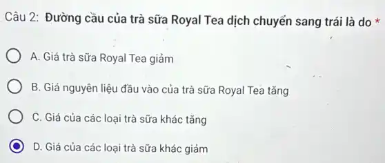 Câu 2: Đường cầu của trà sữa Royal Tea dịch chuyển sang trái là do
A. Giá trà sữa Royal Tea giảm
B. Giá nguyên liệu đầu vào của trà sữa Royal Tea tǎng
C. Giá của các loại trà sữa khác tǎng
C D. Giá của các loại trà sữa khác giảm