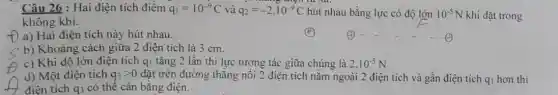 Câu 26: Hai điện tích điểm q_(1)=10^-9C và q_(2)=-2.10^-9C hút nhau bằng lực có độ lớn 10^-5N khi đặt trong
không khí.
f) a) Hai điện tích này hút nhau.
c b) Khoảng cách giữa 2 điện tích là 3 cm.
c) Khi độ lớn điện tích q_(1) tǎng 2 lần thì lực tương tác giữa chúng là 2.10^-5N
__
d) Một điện tích q_(3)gt 0 đặt trên đường thẳng nối 2 điện tích nằm ngoài 2 điện tích và gần điện tích qi hơn thì
điện tích q_(3) có thể cân bằng điên.
(C)