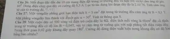 Câu 26: Mộ t đoạ n dây dẫr dài 10 cm mang điện đặt trong từ trườ ng đều và hợp với vectơ cảm ứng từ góc
60^circ  Dòng điện chạy qu a dây có cu rờng độ 0,5 A. Lực từ tác dụng lên đoạn dây đó là
2.10^-2N . Tính cảm ứng
từ của từ trường chạy
Câu 27:Một vòngdây phǎ ng giới hạn diện tích S=5cm^2 đặt trong r từ trường : đều cảm ứng từ B=0,1T
Mǎt phẳn g vòngdây làm thành với overrightarrow (B) một góc alpha =30^circ  Tính từ thông qua S.
Câu 28 : Một : cuộn dây y có 50() vòng và điện trở cuột dây là 4Omega  tích mỗi vòng là 60cm^2 đặt cố định
trong từ trườn ở đều có đô lớn B=0,04T véc tơ cảm ứng tù vu ng góc với mặt phẳng tiết d iện cuộn dây.
Trono thời gian 0.02 giây khung dây quay 180^circ 
. Cường độ dòng điện xuất 1 mã trong khung dây có đô lớn
bằng bao nhiêu?