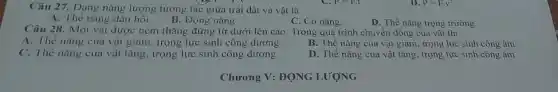 Câu 27. Dạng nǎng lượng tương tác giữa trái dất và vật là
A. Thế nǎng đàn hỏi.
B. Động nǎng.
C. Cơ nǎng.
D. Thế nǎng trọng trường.
Câu 28. Một vật được ném thǎng đứng từ dưới lên cao.Trong quá trình chuyên động của vật thì
B. Thế nǎng của vật giảm, trọng lực sinh công âm.
A. Thế nǎng của vật giam. trọng lực sinh công dương.
C. Thế nǎng của vật tǎng, trọng lực sinh công dương.
D. Thế nǎng của vật tǎng, trọng lực sinh công âm.
Chương V: ĐỌNG LƯỢNG