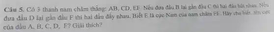 Câu 5. Có 3 th anh nam châm thẳng : AB CD, EF.Nếu đưa đầ u B lại gần đầ u C thì hai đầu hút nhau. Nếu
đưa đầu 1 D lại gầr 1 đầu IF thì ha i đầu đẩy nhau.Biết E là cực Nam của nam châm EF . Hãy cho biết tên cực
của đầu A. B.C.D.F ? Giải thích?