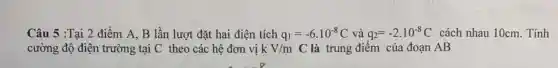 Câu 5 :Tại 2 điểm A. B lần lượt đặt hai điện tích q_(1)=-6.10^-8C và q_(2)=-2cdot 10^-8C cách nhau 10cm . Tính
cường độ điện trường tại C theo các hệ đơn vik V/m C là trung điểm của đoạn AB