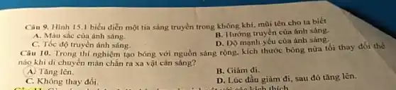 Câu 9. Hinh 151 biểu diễn một tia sáng truyền trong không khí, mũi tên cho ta biết
B. Hướng truyền cùa ánh sáng.
A. Màu sắc của ánh sáng.
D. Dộ mạnh yếu của ánh sáng.
C. Tốc độ truyền ánh sáng.
Câu 10. Trong thí nghiệm tạo bóng với nguồn sáng rộng, kích thước bóng nửa tối thay đổi thế
nào khi di chuyển màn chǎn ra xa vật cản sáng?
A. Tǎng lên.
B. Giàm đi.
C. Không thay đổi.
D. Lúc đầu giảm đi, sau đó tǎng lên.