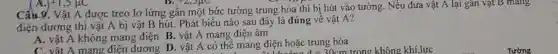 Câu 9. Vật A được treo lơ lửng gân một bức tường trung hòa thi bị hút vào tưởng. Nếu đưa vật A lại gân vật B mang
điện dương thì vật A bị vật B hút. Phát biểu nào sau đây là đúng về vật A?
A. vật A không mang điện B. vật A mang điện âm
A. Vật A mang điện dương D.vật A có thể mang điện hoặc trung hòa
ng điện hoặc t =30cm
A. 1+1,5mu C