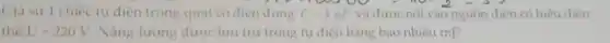 Giá sử 1 chiếc tụ điện trong quat có diện dung C=3mu F và được nối vào nguồn điện có hiệu điên
the U=220V Nǎng lương dược lưu trữ trong tụ diện bằng bao nhiêu m]?