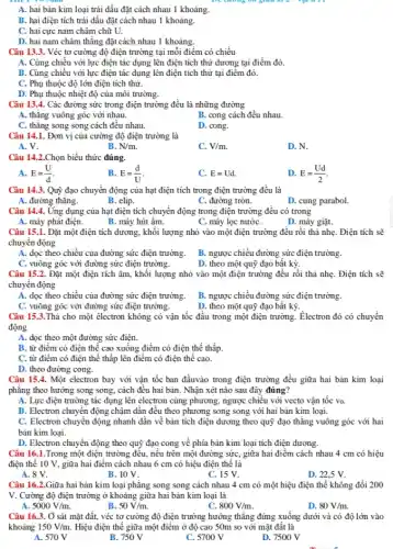 A. hai bản kim loại trái dấu đặt cách nhau 1 khoảng.
B. hai điện tích trái dấu đặt cách nhau 1 khoảng.
C. hai cực nam châm chữ U.
D. hai nam châm thẳng đặt cách nhau 1 khoảng.
Câu 13.3. Véc tơ cường độ điện trường tại mỗi điểm có chiều
A. Cùng chiều với lực điện tác dụng lên điện tích thử dương tại điểm đó.
B. Cùng chiều với lực điện tác dụng lên điện tích thử tại điểm đó.
C. Phụ thuộc độ lớn điện tích thử.
D. Phụ thuộc nhiệt độ của môi trường.
Câu 13.4. Các đường sức trong điện trường đều là những đường
A. thǎng vuông góc với nhau.
B. cong cách đều nhau.
C. thǎng song song cách đều nhau.
D. cong.
Câu 14.1. Đơn vị của cường độ điện trường là
A. V.
B. N/m
C. V/m
D. N.
Câu 14.2.Chọn biểu thức đúng.
A. E=(U)/(d)
B. E=(d)/(U)
C. E=Ud.
D. E=(Ud)/(2)
Câu 14.3. Quỳ đạo chuyển động của hạt điện tích trong điện trường đều là
A. đường thǎng.
B. elip.
C. đường tròn.
D. cung parabol.
Câu 14.4. Ứng dụng của hạt điện tích chuyển động trong điện trường đều có trong
A. máy phát điện.
B. máy hút âm.
C. máy lọc nướC.
D. máy giặt.
Câu 15.1. Đặt một điện tích dương, khối lượng nhỏ vào một điện trường đều rồi thả nhẹ. Điện tích sẽ
chuyển động
A. dọc theo chiều của đường sức điện trường.
B. ngược chiều đường sức điện trường.
C. vuông góc với đường sức điện trường.
D. theo một quỹ đạo bất kỳ.
Câu 15.2. Đặt một điện tích âm, khối lượng nhỏ vào một điện trường đều rồi thả nhẹ. Điện tích sẽ
chuyển động
A. dọc theo chiều của đường sức điện trường.
B. ngược chiều đường sức điện trường.
C. vuông góc với đường sức điện trường.
D. theo một quỳ đạo bất kỳ.
Câu 15.3.Thả cho một êlectron không có vận tốc đầu trong một điện trường. Êlectron đó có chuyển
động
A. dọc theo một đường sức điện.
B. từ điểm có điện thế cao xuống điểm có điện thế thấp.
C. từ điểm có điện thế thấp lên điểm có điện thế cao.
D. theo đường cong.
Câu 15.4. Một electron bay với vận tốc ban đầuvào trong điện trường đều giữa hai bản kim loại
phẳng theo hướng song song, cách đều hai bản. Nhận xét nào sau đây đúng?
A. Lực điện trường tác dụng lên electron cùng phương, ngược chiều với vecto vận tốc vo.
B. Electron chuyển động chậm dần đều theo phương song song với hai bản kim loại.
C. Electron chuyển động nhanh dần về bản tích điện dương theo quỹ đạo thẳng vuông góc với hai
bản kim loại.
D. Electron chuyên động theo quỹ đạo cong về phía bản kim loại tích điện dương.
Câu 16.1.Trong một điện trường đều, nêu trên một đường sức, giữa hai điểm cách nhau 4 cm có hiệu
điện thế 10 V,giữa hai điểm cách nhau 6 cm có hiệu điện thế là
A. 8 V.
B. 10 V.
C. 15 V.
D. 22.5 V.
Câu 16.2.Giữa hai bản kim loại phẳng song song cách nhau 4 cm có một hiệu điện thế không đổi 200
V. Cường độ điện trường ở khoảng giữa hai bản kim loại là
B.
5000V/m.
50V/m
800V/m
D. 80V/m
Câu 16.3. Ở sát mặt đất, véc tơ cường độ điện trường hướng thẳng đứng xuống dưới và có độ lớn vào
khoảng 150V/m. Hiệu điện thế giữa một điểm ở độ cao 50m so với mặt đất là
A. 570 V
B. 750 V
C. 5700 V
D. 7500 V