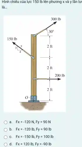 Hình chiếu của lực 150 |b lên phương x và y lần lư
__
a Fx=-120N,Fy=90N
C Fx=-150lb,Fy=100lb
d Fx=120lb,Fy=-90lb