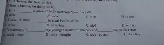 IV - Choose the best option.
(Chọn phương án đúng nhất)
Eg.: I __ a student in Lomonoxop School in 1999.
A. was
B. were
C. to be
D. to was
Y. Look! A man __ to steal Paul's wallet.
A. tries
B. is trying
C. tried
D. will try
2. Yesterday, I __ my younger brother to the park and __ him an ice-cream
A. took - buy
B. take-bought
C. took-bought
D. take-buy