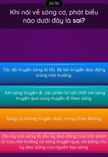 Khi nói về sóng cơ , phát biểu
nào dưới đây là sai?
Tốc độ truyền sóng là tốc độ lan truyền dao động
trong môi trường.
Khi sóng truyền đi, các phần tử vật chất nơi sóng
truyền qua cùng truyền đi theo sóng.
Sóng cơ không truyền được trong chân không.
Chu kỳ ) của sóng là chu kỳ dao động của một phần
tử của môi trường có sóng truyền qua, nó bằng chu