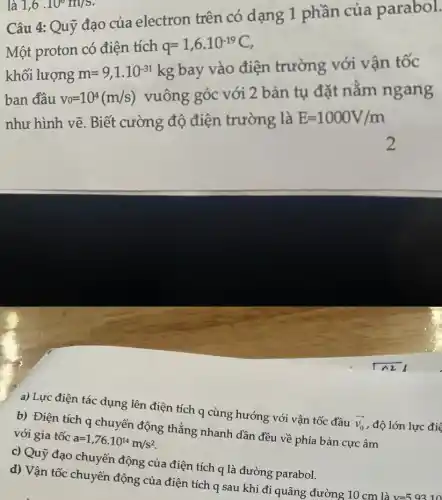 là 1,6cdot 10^circ m/s
Câu 4: Quỹ đạo của electron trên có dạng 1 phần của parabol.
Một proton có điện tích q=1,6cdot 10^-19C
khối lượng m=9,1cdot 10^-31kg
bay vào điện trường với vận tốc
ban đầu v_(0)=10^4(m/s) vuông góc với 2 bản tụ đặt nằm ngang
như hình vẽ. Biết cường độ điện trường là E=1000V/m
a) Lực điện tác dụng lên điện tích q cùng hướng với vận tốc đầu
overrightarrow (v_(0)) , độ lớn lực điệ
b) Điện tích q chuyển động thẳng nhanh dần đều về phía bản cực âm với gia tốc
a=1,76cdot 10^14m/s^2
c) Quỹ đạo chuyển động của điện tích q là đường parabol.
d) Vận tốc chuyển động của điện tích q sau khi đi quãng đường 10 cm là
v=59310