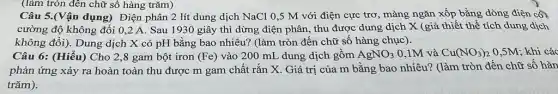 (làm tròn đến chữ số hàng trǎm)
Câu 5.(Vận dụng) Điện phân 2 lít dung dịch NaCl 0,5 M với điện cực trơ, màng ngǎn xốp bằng dòng điện cô)
cường độ không đổi 0,2 A. Sau 1930 giây thì dừng điện phân, thu được dung dịch X (giả thiết thể tích dung dịch
không đổi). Dung dịch X có pH bằng bao nhiêu? (làm tròn đến chữ số hàng chục).
Câu 6: (Hiểu) Cho 2,8 gam bột iron (Fe) vào 200 mL dung dịch gồm AgNO_(3) 0,1M và Cu(NO_(3))_(2) 0,5M; khi các
phản ứng xảy ra hoàn toàn thu được m gam chất rắn X. Giá trị của m bằng bao nhiêu?(làm tròn đến chữ số hàn