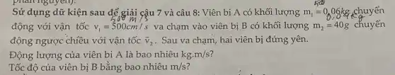 nguyen)
Sử dụng dữ kiện sau để giải cậu 7 và câu 8: Viên bi A có khối lượng m_(1)=0,06kg chuyển
động với vận tốc v_(1)=500cm/s va chạm vào viên bị B có khối lượng m_(2)=40g chuyển
động ngược chiều với vận tốc overrightarrow (v)_(2) . Sau va chạm, hai viên bị đứng yên.
Động lượng của viên bi A là bao nhiêu kgcdot m/s
Tốc độ của viên bị B bằng bao nhiêu m/s