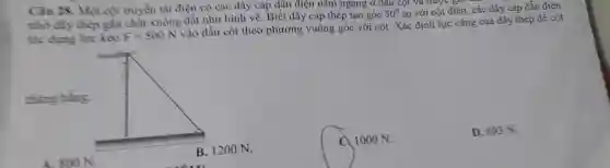 nhờ đây thép gắn chặt xuống đất như hình vẽ. Biết dây cáp thép tạo góc
30^circ  so với cột điện các đây cáp dẫn điện
tắc dụng lực kéo F=500N
vào đầu cột theo phương vuông góc với cột. Xác định lực cǎng của đây thép để cột
B. 1200 N.
d 1000 N
D. 693 N.