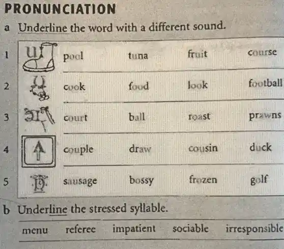 PRONUNCIATION
1
2
3
4
s
a Underline the word with a different sound.
pool
__
cook
__
__
square 
couple
__
b Underline the stressed syllable.
menu referee impatient sociable irresponsible