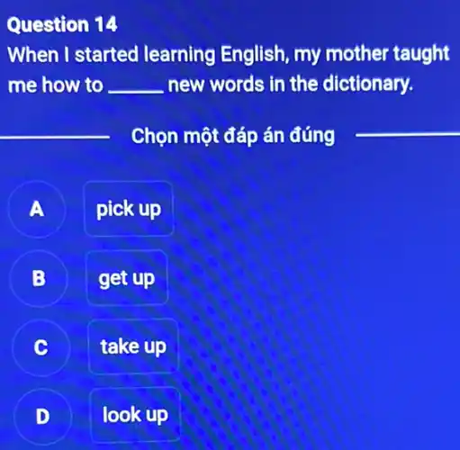 Question 14
When I started learning English, my mother taught
me how to __ new words in the dictionary.
__
Chọn một đáp án đúng
__
A
pick up
get up
take up
D
.
look up