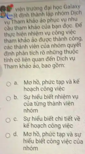 viên trường dai học Galaxy
D(cmặt định thành lập nhóm Dịch
yu Tham khảo ào phục vụ nhu
cầu tham khào của bạn đọc. Để
thực hiện nhiệm vụ cồng việc
tham khào ào được thành công,
các thành viên của nhóm quyết
đình phân tích rõ những thuộc
tinh có liền quan đến Dich vụ
Tham khào ào, bao gồm:
a. Mơ hồ, phức tạp và kể
hoạch công việc
b. Sư hiều biết nhiềm vu
của từng thành viên
nhóm
c. Sự hiề u biết chì tiết về
kể hoạch công việc
d. Mơ hồ , phức tạp và sư