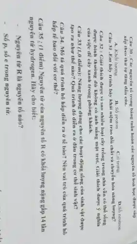 Câu 30. Các nguyên tố trong bảng tuần hoàn các nguyên tố hoá học được sắp
xếp theo thứ tự tǎng dần của.
A. Khối lượng
B. Số proton
D.Số neutron
Câu 31.Em hãy trình bày khái niệm trao dổi chất và chuyển hóa nǎng lượng?
Câu 32 : Giải thích được vi sao nhiều loại cây trồng trong nhà vẫn có thể sống
được bình thường dủ không có ánh nắng mặt trời. Giải thích được ý nghĩa
của việc để cây xanh trong phòng khách.
Câu 33 (1,0 điểm):Nǎng lượng dùng cho các hoạt động sống của sinh vật được
tạo ra như thế nào?Quá trình đó diễn ra ở đâu trong cơ thể sinh vật?
Câu 34. Mô tả quá trình hô hấp diễn ra ở tế bào? Nêu vai trỏ của quá trình hô
hấp tế bào đối với cơ thể?
Câu 35 : (1 điểm) Nguyên tử của nguyên tố R có khối lượng nặng gấp 14 lần
nguyên tử hydrogen. Hãy cho biết:
Nguyên tử R là nguyên tố nào?
Số p, số e trong nguyên tử.