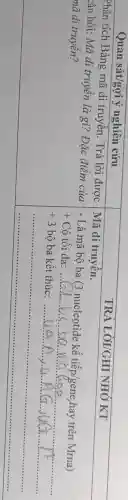 Quan sát/gợi ý nghiên cứu
Phân tích Bảng mã di truyền. Trả lời được
square 
câu hỏi: Mã di truyền là gì?Đặc điểm của
Mã di truyền.
LỜI/GHI NHỚ KI
- Là mã bộ ba (3 nucleotide kế hay trên Mrna)
+ Có tối đa: ...
+3 bộ ba kết thúc