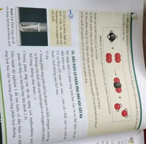 khí thu được khí carbon dioxide
(CO_(2)) và hơi nước
(H_(2)O) theo sơ đó sau:
(2).
Quan sát sơ đó hình 2.3 và cho biết:
a) Trước phản ứng có các chất nào những nguyên tử nào liên kết với nhau?
b) Sau phản ứng , có các chất nào được tạo thành, những nguyên tử nào liên kết với nhau?
c) So sánh số nguyên tử C, H, O trước và sau phản ứng.
III. DẤU HIỆU CÓ PHẦN ỨNG HOÁ HOC XẢY RA
Có sự thay đổi màu sắc, mùi,..
__
của các chất; tạo ra chất khi
hoặc chất không tan (kết tủa).
2
3. Chỉ ra sự khác biệt vế
tính chất của nước với
hydrogen và oxygen mà
em biết.
Hình 2.4. Phản ứng của sắt
với dung dịch hydrochloric acid
Để nhận biết có phản ứng hoá học xảy ra có thế dựa vào các
dấu hiệu sau:
Ví dụ:
- Trong phản ứng giữa khí hydrogen với khi oxygen, nước tạo
ra không còn tính chất của hydrogen và oxygen nữa (nước ở
thể lòng, không cháy được
__
Trong phản ứng của sắt tác dụng với hydrochloric acid,
quan sát thấy có bọt khí bay lên (hình 2.4)
Tiến hành thí nghiệm 1 để tìm hiểu về dấu hiệu có phả
ứng hoá học xảy ra trong phản ứng phân huỷ đường.