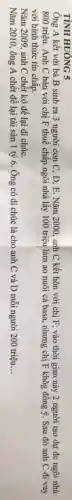 Ông A kết với bà B sinh ra 3 người con C , D, E. Nǎm 2000 , anh C kết hôn với chị F; vào thời gian này 2 người tạo dự đc ngôi nhà
800 triệu. Anh C bàn với chị F thuế chấp ngôi nhà lấy 100 triệu làm ao nuôi cá basa, nhưng chị F khôg đồng ý . Sau đó anh C đi vay
với hình thức tín chấp.
Nǎm 2009, anh C chết kô để lại di chúc.
Nǎm 2010, ông A chết để lại tài sản 1 tỷ 6. Ông có di chúc là cho anh C và D mỗi người 200 triệu __