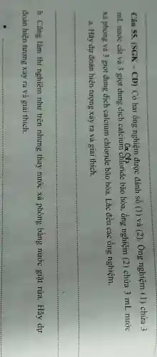 Câu 55. (SGK-CD)
Có hai ống nghiệm được đánh số (1 ) và (2). Ông nghiệm (1 ) chứa 3
mL nước cắt và 3 giọt dung dịch calcium chloride bão hòa, ống nghiệm (2)chứa 3 mL nước
xà phòng và 3 giọt dung dịch calcium chloride bão hòa. Lắc đều các ống nghiệm.
dự đoán hiện	ra và giải thích
__
b. Cũng làm thi nghiệm như trên nhưng thay nước xà phòng bằng nước giặt rửa. Hãy dự
đoán hiện tượng xảy ra và giải thích.
__