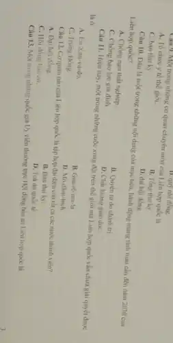 Câu 9. Một trong những cơ quan chuyên môn của Liên hợp quốc là
A. Tổ chức y tế thế giới.
B. Tổng thư ký.
C. ban thư ký.
D. quộ nhi đồng.
D. đại hội đồng.
Câu 10. Đâu là một trong những nội dung của mục tiêu hành động mang tính toàn cầu đến nǎm 2030 của Liên hợp quốc?
A. Chống nạn thất nghiệp.
B. Quyền tự do chinh trị.
C. Chống bạo lực gia đinh.
D. Chất lượng giáo duC.
Câu 11. Hiện nay một trong những cuộc xung đột trên thế giới mà Liên hợp quốc vẫn chưa giải quyết được là ở
A. En Xan-va-do.
B. Goa-tê-ma-la
C. Trung Đông.
D. Mô-dǎm-bich.
Câu 12. Cơ quan nào của Liên hợp quốc là tập hợp đại diện của tất cả các nước thành viên?
A. Đại hội đồng.
C. Hội đồng bào an.
B. Ban thur ky.
D. Toà án quốc tế.
Câu 13. Một trong những quốc gia Uy viên thường trực Hội đồng bảo an Liên hợp quốc là