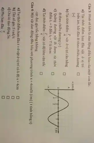 Câu 3: Hình vẽ bên là dao động điều hòa của một con lắc.
a) Tại thời điểm ban đầu vật ở vị trí
biên âm, bắt đầu đi theo chiều dương
(+)
b) Tại thời điểm (T)/(4) vật ở vị trí cân bằng
đi theo chiều dương (+)
c) Quãng đường vật đi được từ thời
điểm t_(1)=0 đến t_(2)=Tla0cm
d) Tại thời điểm (T)/(4) vật có độ lớn vận tốc
square 
cực đại, gia tốc bằng không
Câu 4: Một vật dao động đều hòa với phương trình x=4cos5t(cm) ( t tính bằng s)
a) Tại thời điểm ban đầu t=0 vật ở vị trí có li độ x=4cm
b) Tần số góc 5rad/s
square 
c) Chu kì dao động 5s.
square 
d) Pha ban đầu (pi )/(n)
square