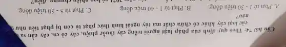 Câu hỏi 74 : Theo quy định của pháp luật người trồng cây thuốc phiên , cây cô ca, cây cần sa
các loại cây khác có chứa chất ma túy ngoài hình thức phạt tù còn bị phạt tiền như d
nào?
A. Phạt từ 1-30 triệu đồng.
B. Phạt từ 1-40 triệu đồng.
should the trees shopping for lots of food and get presents
C. Phat từ 5-50 triệu đồng.