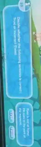 Decide whether the following sentence is correct (
True) or incorrect (False)
Ryan is not at home.
He runs in the park at
the moment.